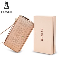 FOXER Women Cow Leather Long Wallet Wallet Clutch Wallet with Wristlet Card Holder Coin Purse Cellph