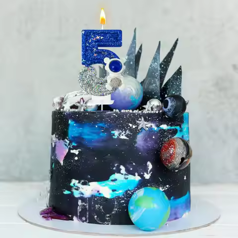 Spaceship Astronaut 0-9 Universe Sparkler Candle for Birthday Cake Boy, Topper for Party Decorations