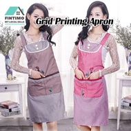 【MY】Grid Printing Apron Sleeve Set Waterproof Oilproof Clothes Neck Hanging Dapur Kitchen Chef Acces