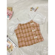 CNY Posh Code checkered puff sleeve Blouse 格子中国结上衣