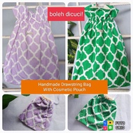 Handmade Drawstring Tote Bag With Cosmetic Pouch,Beg Telekung,Shoulder Bag For Women,Beg Tali Jerut