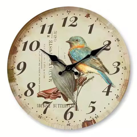 1pc round wooden wall clock, retro French country Tuscan style blue bird design wall clock, suitable