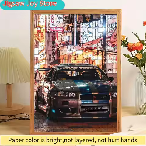 Paper Jigsaw Puzzle Iconic Nissan Skyline GT-R (R34) with Tokyo Neon Street Scene Art Print Wall Dec