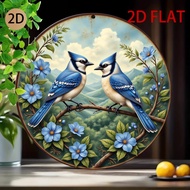 Round Aluminum Metal Artwork for The 2D Flat Plane Featuring a Retro Country Design with Blue Jays, 