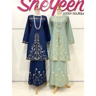 Maya Sari Embroidered Kurung in Navy Blue, Sage Green