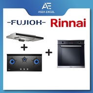 FUJIOH FR-MS2390R 90CM SLIMLINE HOOD + RINNAI RB-3CGN 3 BURNER INNER FLAME GLASS HOB + RINNAI RO-E6208TA-EM 70L BUILT-IN OVEN