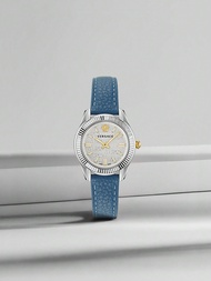 นาฬิกาควอตซ์ตัวเรือนสเตนเลสสำหรับผู้หญิง สายหนังสีน้ำเงิน หน้าปัดสีทอง นาฬิกาข้อมือสไตล์คลาสสิก ให้เ