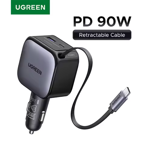 UGREEN USB Type-C Car Charger PD145W 90W 60W Retractable Cable PD SCP AFC PPS Fast Charging For Tabl