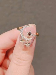 1 Pieza Anillo Abierto Ajustable Para Bodas, Joyería Nupcial Para Damas De Honor Con Ajuste De Piedra Preciosa En Forma De Luna Y Estrella, Ideal Para Bodas, Citas, Compras, Vida Diaria