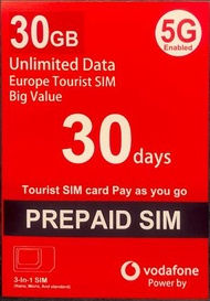 Vodafone - 【歐洲 29個國家和地區】30日 5G/4G 無限上網數據卡 (30GB高速數據) [H20A275]
