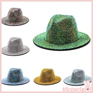 VIC Unisex Full Diamond Adjustable Fedora Hats Woman Wide Brim Rhinestone Panama Hat Men Personality