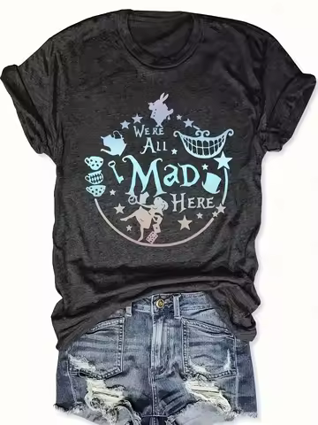 We're All Mad Here Alice Women's Tee - Holographic Wonderland Graphic, Casual Black Top