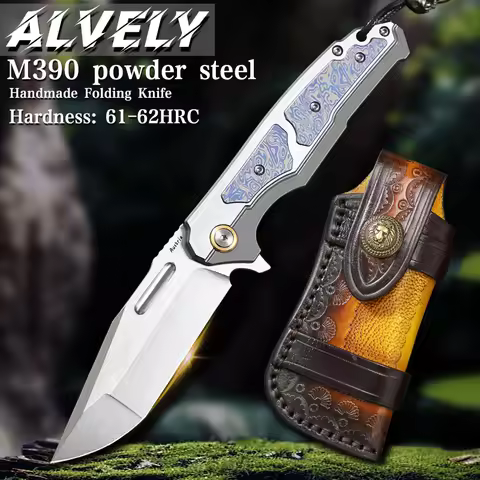 Outdoor Tactical Folding Knife, M390 Steel Pocket Knife with Leather Sheath, Men's Camping Hunting, 