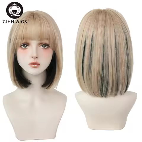 7JHH WIGS Short Bob Straight Ombre Blonde Wigs With Bang For Girl Black Female Synthetic Shoulder Le