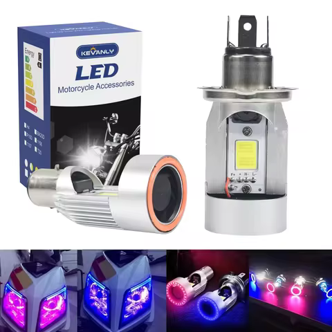 1x H4 LED Motor Headlamp Light Bulb Ba20d Blue Red Angel eye LED HS1 H6 Scooter DRL UTV ATV Accessor
