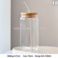 Set Ly Thủy Tinh Nắp Gỗ Kèm Ống Hút Cao Cấp 350ml/550ml Cốc Đựng Matcha Cà Phê Nước Detox - Hibi