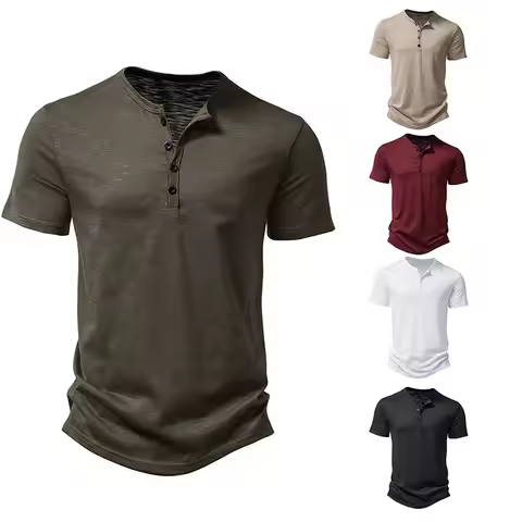 Henry's short-sleeved button-front V-neck polo shirt casual T-shirt / soft and breathable summer dai