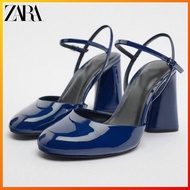 ZARA Women's shoes Blue patent leather effect Round head thick heel high heel shoes 1256010 407