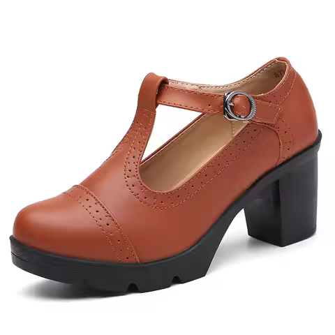 Women Pumps Shoes T Strape Mary Janes High Heels Brogue High Square Heel Genuine Leather Wedge Shoes