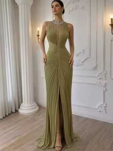 Contessa Custom V-Neck Sleeveless Prom Dresses Multilayer Pleats Vestidos De Noche Sheath Waist Cinc