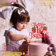 Berry Themed First Birthday Cake Decorations with Sparkling Flowers, Sweet Fruit Theme, Strawberry C