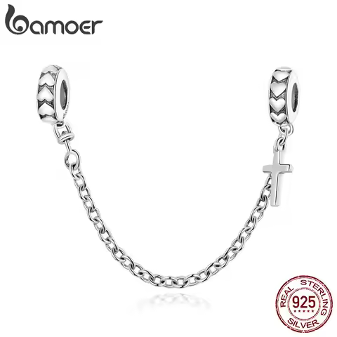 bamoer 925 Sterling Silver Simple Cross Safety Chain Charm for Original Silver Bracelet Charms with 