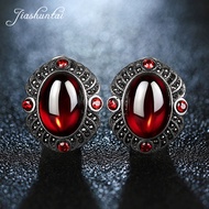 JIASHUNTAI 100 925 Sterling Silver Set Red Gem Stones Round Stud Earrings for Women Fashion Jewelry