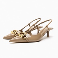 New style ZARAˉ 2023 Autumn New Womens Shoes Beige Chain Decorated With Cat Heel Dew Heel Muller Sho