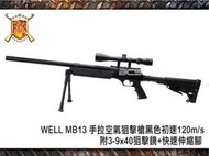 【武雄】WELL MB13 手拉空氣狙擊槍 黑色 附3-9x40狙擊鏡縮腳-CAWMB13B