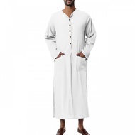 Muslim Middle East Arabian Malaysia Casual Buttons Solid Color Long-Sleeved Pockets Loose Robe Men'S Clothing 5DYU