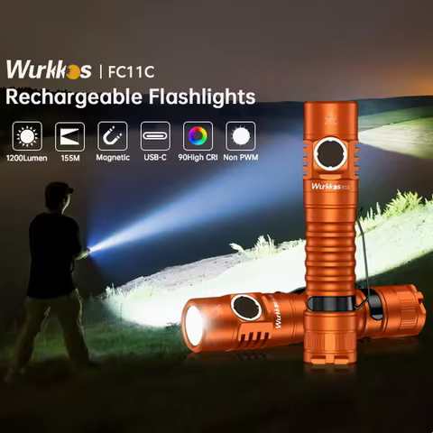 Wurkkos FC11C Mini EDC Flashlight 1300LM IP68 Rechargeable Torch with 18650 Battery Magnetic Tail fo