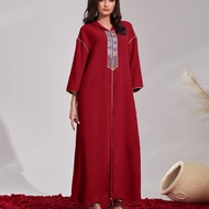 Áo choàng dài tay Maxi Djellaba có mũ trùm đầu vai trễ màu đỏ tía tương phản, Kaftan