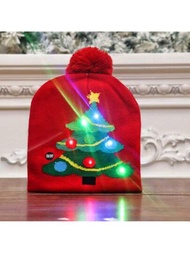 1 Sombrero Navideño Con Patrón De Árbol De Navidad Con 6 Luces Led Multicolor, Unisex Para Niños Y Adultos, Gorro De Lana De Punto De Fiesta Con Led