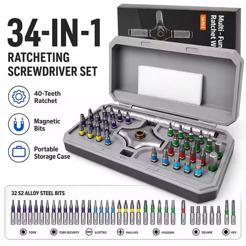 34-in-1 Ratchet Screwdriver Set with Alloy Steel Bits & Magnetic Handle Multifunctional Professional