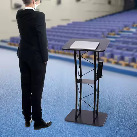 Black Curved Podium, 23.8 x 15.9 x 47 Inch Podium Stand Portable Church Pulpit Metal Black Pulpit Le