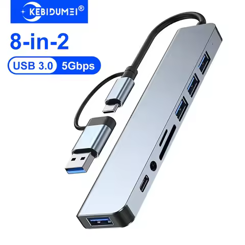 KEBIDUMEI 8-in-2 USB 3.0 Hubs USB C Docking Station TYPE-C HUB 5Gbps High Speed Transmission OTG Ada