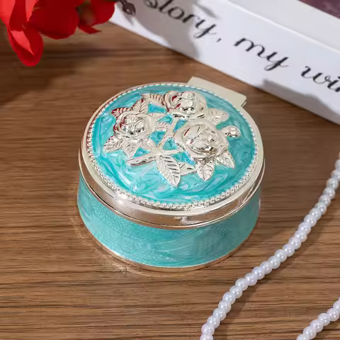 1Pc Vintage Light Luxury Zinc Alloy Round Jewelry Box | Three-Dimensional Embossed Rose + Exquisite 