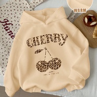 Tween Girl Casual Minimalist Leopard Print, Cherry, English Letter CHERRY Pattern Long Sleeve Hooded