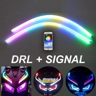 12V 2 Buah DRL Mobil Sepeda Motor Lampu LED Siang Hari Kontrol Aplikasi Fleksibel RGB Aliran Simfoni