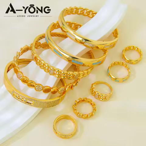 Luxury Brazilian Gold Jewelry Bangles Ring Set 21k Gold Plated Italian Shiny Zircon Bracelet Dubai W