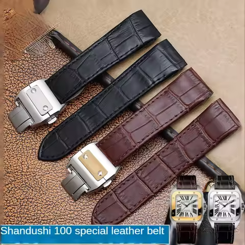 Genuine Leather Watchband for Cartier Santos 100 Watch Band Men Women Santos Glue Head Belt Folding 