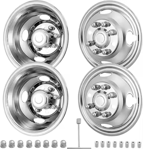 16" 8 Lug Wheel Simulators, Stainless Steel with Bolt Kit for Pickup Trucks Vans RV Hub Caps Chrome 