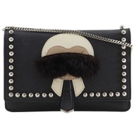 FENDI Karl Lagerfeld 女士單肩包，附皮夾鏈條，兩用，皮革，黑色，斜挎，磁扣 [二手]