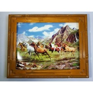Feng Shui Hanging Picture Golden Teak Frame With 8 Horse Pictures Size 46 X 58 Cm. No.7