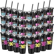 Uiifan 32 Pcs Back to the 90's I Love the 90's Birthday Reusable Cups with Lids and Straws 24 oz Pla