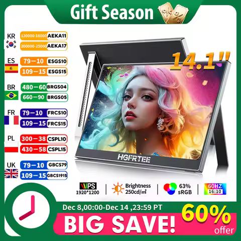 HGFRTEE 14.1" Portable Monitor 1200P Full HD Second Screen for Laptop with Stand And USB-C Connectiv