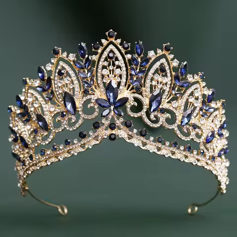 Baroque Dark Blue Crystal Wedding Crowns Rhinestone Bridal Tiaras Pageant Diadem Miss Universe Weddi