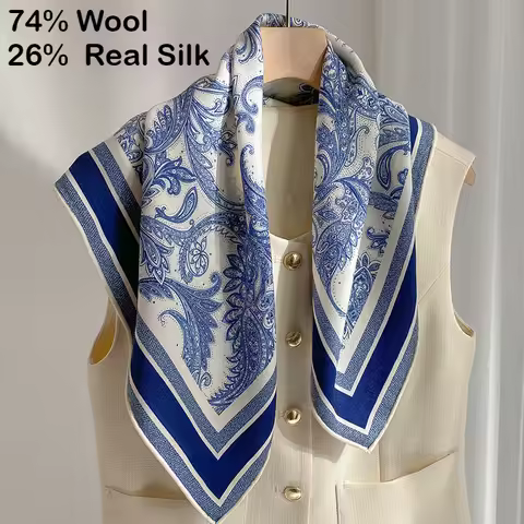 Real Wool Mulberry Silk Blue Triangle Scarf 2025 Coat Shawl Small Headband Scarf Women Turban Headsc