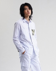 [MOO 5/22] Casual blue camo M striped shirt เสื้อเชิ้ตผู้ชาย แขนยาว ผ้าลายทาง แต่งปัก M