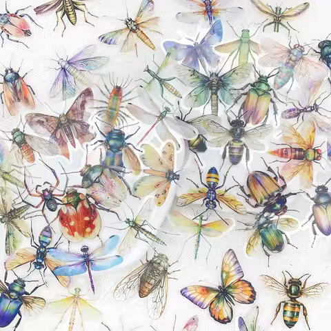 50pcs Watercolor Insects Transparent PET Stickers Decals For Laptop Notebook Skateboard Guitar DIY A
